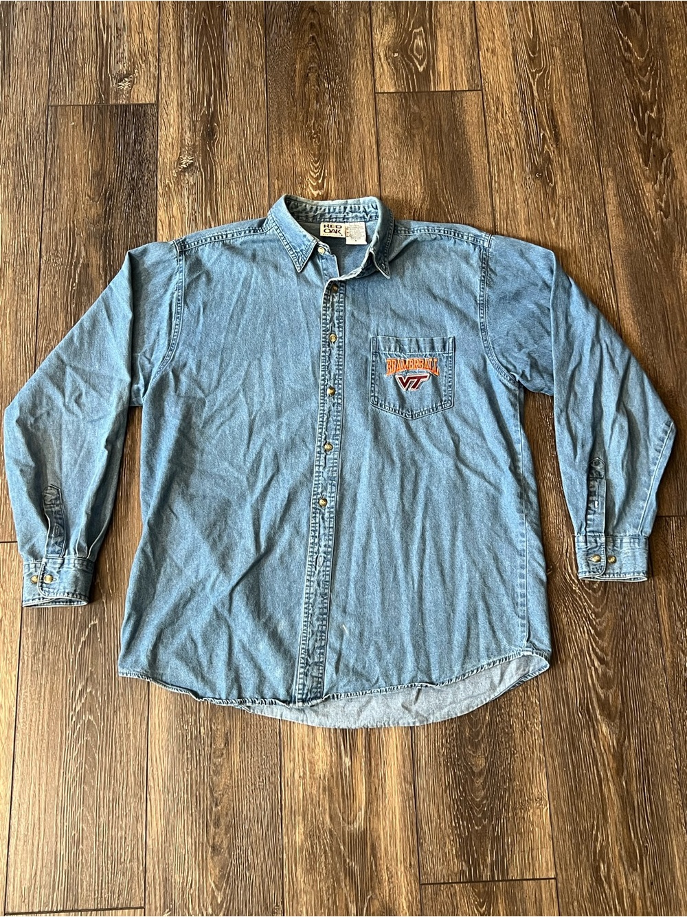 VTG Red Oak VT Virginia Tech Beamerball Blue Denim Button-Up Shirt Mens Large